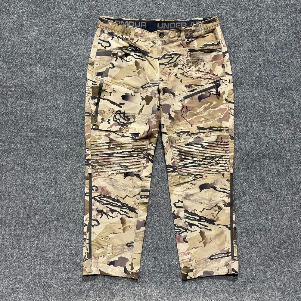 Under Armour Pants Mens 39x30.5 Green Camo Hunting Zip Pockets Woven Hiking